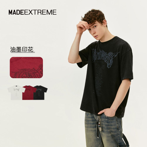 MADEEXTREME China-Chic the Year of the Loong lettering summer heavy wash worn print short sleeved t-shirt men's base