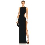 European and American Cross border Spring/Summer New Black Round Neck French Split Dress Bow Spicy Girl Sexy Knitted Dress