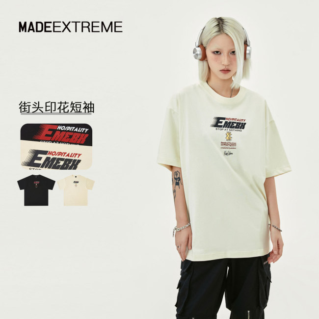 MADEEXTREME Summer New High Weight American Street Neutral Printed Knitted Top Short sleeved T-shirt for Men