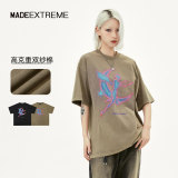 MADEEXTREME American Street Moon Letter Printed Washed Old High Weight Short sleeved T-shirt for Men and Women