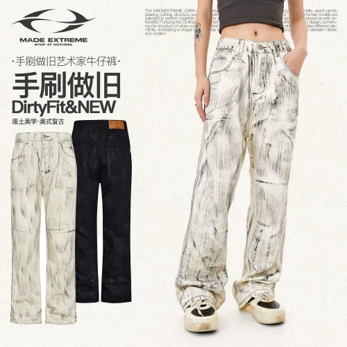 *MADEEXTREME American Street Trash DirtyFIT Hand Brushed Old Straight Jeans for Men and Women