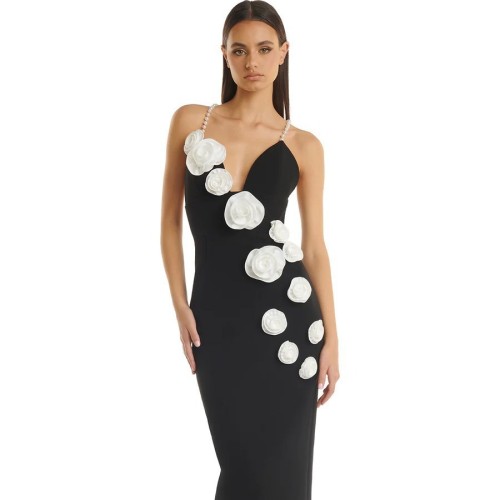 French court style dress, high-end pearl shoulder strap bandage dress, three-dimensional flower design, party evening dress for women