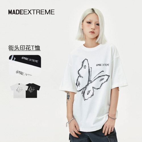 MADEEXTREME American Street Butterfly Print Heavyweight China-Chic Brand Summer Cotton Short Sleeve T-shirt Top Men