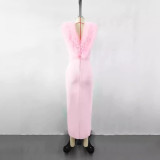 Women's fashion and high-end sense, European and American temperament, long gauze flower bandage dresses, pink elegant dresses wholesale