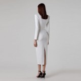 European and American cross-border women's clothing, spring temperament, Hepburn style, square neckline, cow horn shoulder pad, long sleeved bandage dress, first-hand supply