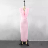 Women's fashion and high-end sense, European and American temperament, long gauze flower bandage dresses, pink elegant dresses wholesale