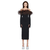 Camel Hair Designer Women's New Spring Dress Black Long sleeved One Shoulder Long Bandage Dress