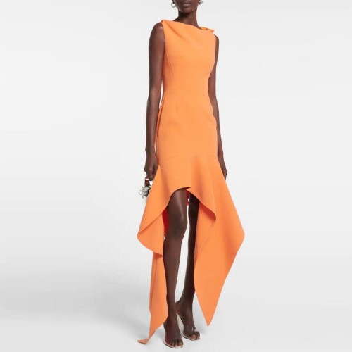 New cross-border high-end orange irregular knitted dress, women's long dress, holiday style long dress, French style