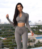 Cross border new seamless yoga suit autumn and winter zippered tight fitting long sleeved buttocks lifting drawstring fitness pants yoga suit set
