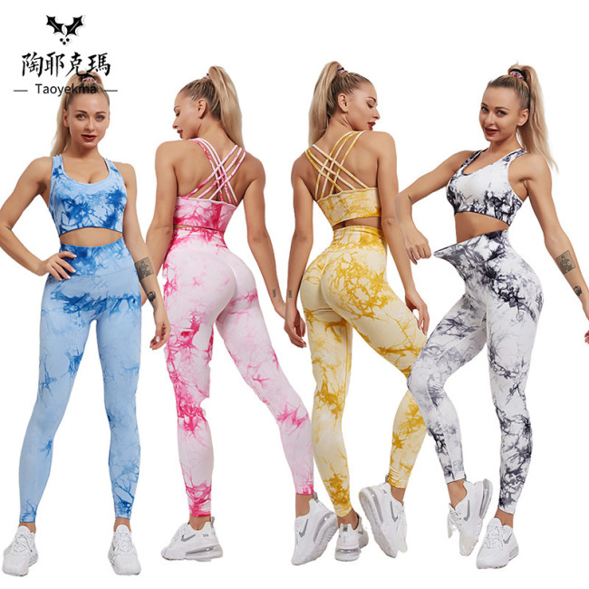 Cross border European and American Instagram Tie Dyed Elastic Yoga Clothing Sports Running Fitness Set New Knitted Fitness Pants for Women