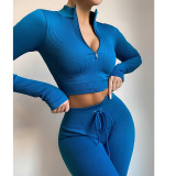 Cross border new seamless yoga suit autumn and winter zippered tight fitting long sleeved buttocks lifting drawstring fitness pants yoga suit set