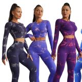 European and American New Tie Dye Sports Set Women's High Waist and Hip Lifting Tight Sports Pants Outdoor Fitness Breathable Yoga Clothes