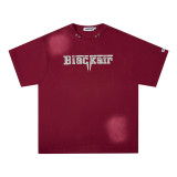 BLACKAIR Street American Retro Print Letter 250g Washed Old Spray Monkey Short Sleeve T-shirt with Bottom for Men
