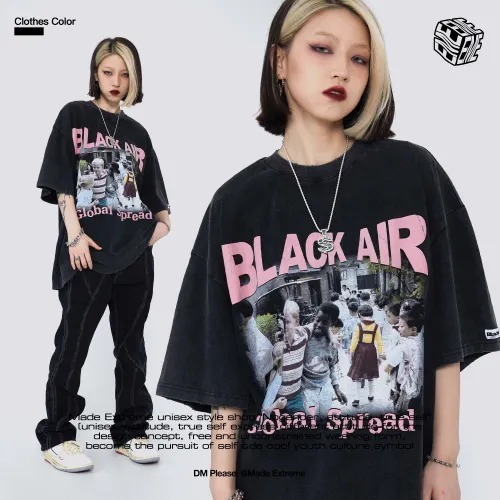 BLACKAIR Vintage Wash Black Pink Summer Short Sleeve Print Portrait Ye Street China-Chic Brand Old T-shirt Men and Women