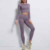 Cross border seamless yoga suit set from Europe and America, long sleeved sports top, high waisted lifting buttocks, beautiful buttocks, sports leggings, long pants