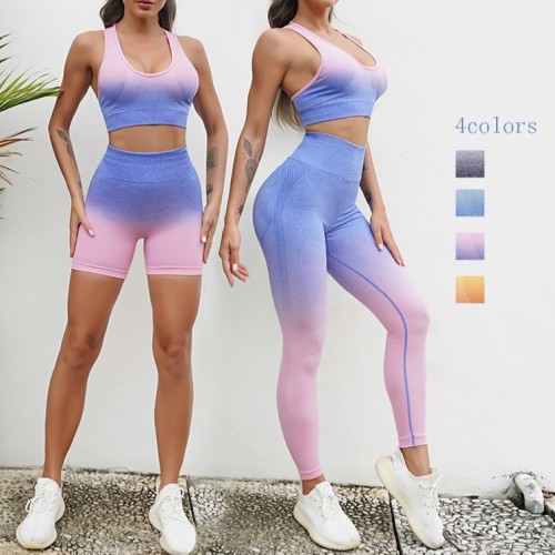 Seamless yoga suit for women in Europe and America, fitness set with high waist and hip lifting, fitness pants, tie dyed sports vest, running shorts