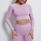 Cross border seamless yoga suit set from Europe and America, long sleeved sports top, high waisted lifting buttocks, beautiful buttocks, sports leggings, long pants