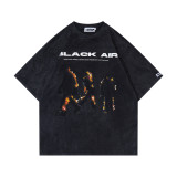 BLACKAIR American Street Retro Fashion Brand Men's Wear Washed Old Flame Couple Printed Short Sleeve T-shirt for Men and Women