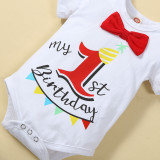 European and American baby short sleeved letter colored printed baby short sleeved one year old shoulder strap birthday set