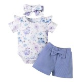 Summer Amazon European and American AliExpress printed floral lotus bow three piece children's clothing set