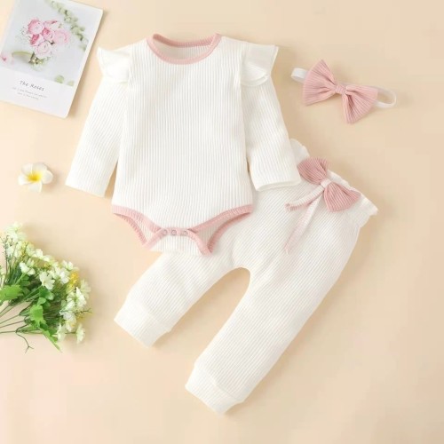 Autumn Amazon Baby Cotton Solid Color Pit Stripe Long sleeved Pants Bow Three Piece Set New