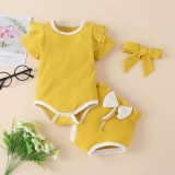 Amazon Cross border Summer New Baby Girls' Cotton Pit Stripe Multi color Short Sleeve Wrap Pi Jumpsuit Three Piece Set