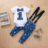 Instagram Autumn New Product Starry Sky Printing Birthday Edition One Year Tie Harper Crawler Baby Strap Set Wholesale
