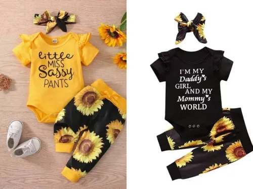Female baby newborn 3-piece set of top, T-shirt, pants, headband, baby clothing set, jumpsuit
