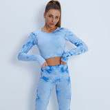 Strict selection of yoga suit for women, European and American tie dyeing, sports running and fitness set, sports tight peach yoga pants for women