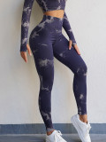 European and American sports suit, printed yoga long sleeved top, cross-border high waisted, tight fitting running, sports, fitness pants