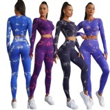 European and American sports suit, printed yoga long sleeved top, cross-border high waisted, tight fitting running, sports, fitness pants