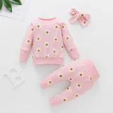 Chrysanthemum printed pants three piece set in stock, European and American children's clothing, spring and autumn bow round neck long sleeved set