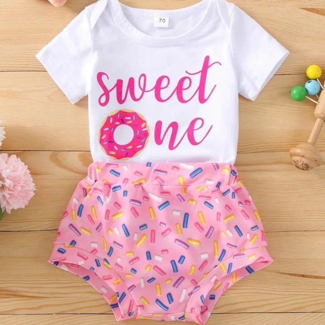 European and American Summer Baby Girl New Birthday Clothing Sweet Short sleeved T-shirt Top Donut Shorts