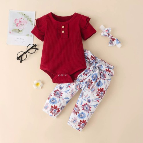 Autumn European and American Women's Baby Solid Color Cotton Pit Stripe Short sleeved Top Fragmented Flower Long Pants Headband Set New Style