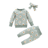 Chrysanthemum printed pants three piece set in stock, European and American children's clothing, spring and autumn bow round neck long sleeved set