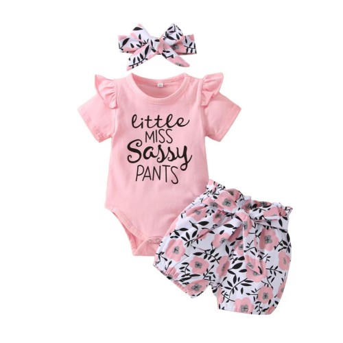 3 pieces of newborn baby girl short sleeved letter jumpsuit, pants, shorts, headband, tight fitting suit, butterfly headscarf
