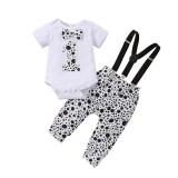 European and American baby print autumn short sleeved long pants and shoulder straps new product set