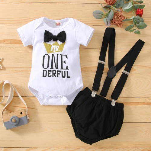 Male baby half birthday costume Mr. Onederful bow jumpsuit shorts jumpsuit cake costume