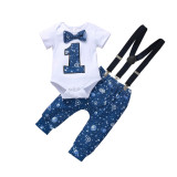 Instagram Autumn New Product Starry Sky Printing Birthday Edition One Year Tie Harper Crawler Baby Strap Set Wholesale