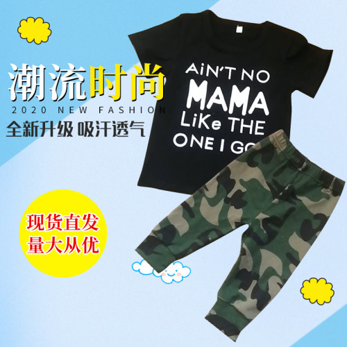INS Hot selling European and American boy set letter short sleeved t-shirt children's camouflage set summer trendy two-piece set