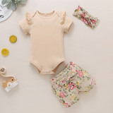 Summer Amazon cross-border new newborn baby girl cotton pit strip short sleeved floral shorts cute baby girl jumpsuit