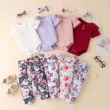 Autumn European and American Women's Baby Solid Color Cotton Pit Stripe Short sleeved Top Fragmented Flower Long Pants Headband Set New Style