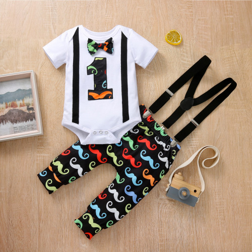Instagram baby long sleeved autumn baby clothes for boys, birthday style beard printed jumpsuit, climbing suit with straps set