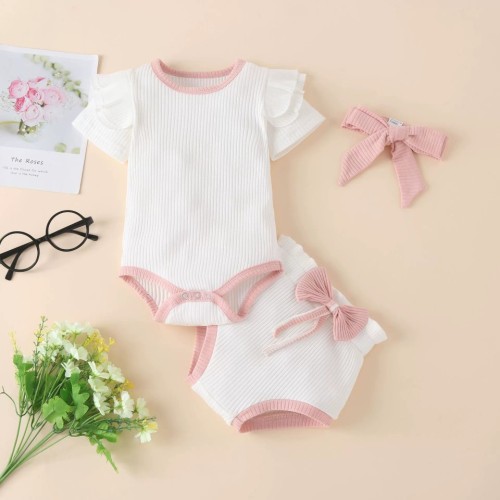 Amazon Cross border Summer New Baby Girls' Cotton Pit Stripe Multi color Short Sleeve Wrap Pi Jumpsuit Three Piece Set