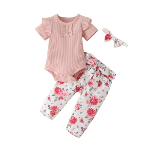 Autumn European and American Women's Baby Solid Color Cotton Pit Stripe Short sleeved Top Fragmented Flower Long Pants Headband Set New Style
