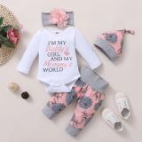 Spring and Autumn European and American AliExpress Amazon Hot Selling Children's Clothing Set for Girls Pink Harper Print Four Piece Set