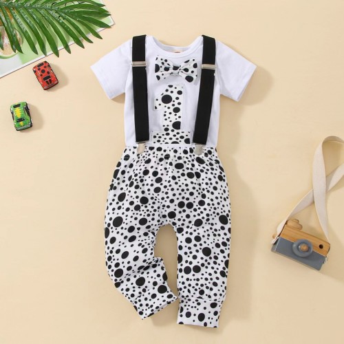 European and American baby print autumn short sleeved long pants and shoulder straps new product set