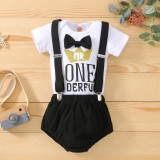 Male baby half birthday costume Mr. Onederful bow jumpsuit shorts jumpsuit cake costume