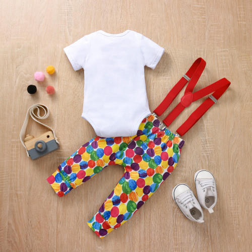 European and American baby dot digital printed bow tie, round neck, long sleeved shoulder strap, long pants, jumpsuit, two-piece set