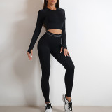Customized European and American seamless yoga suit set, long sleeved top with exposed navel jacket, tight pants, sports and fitness for women